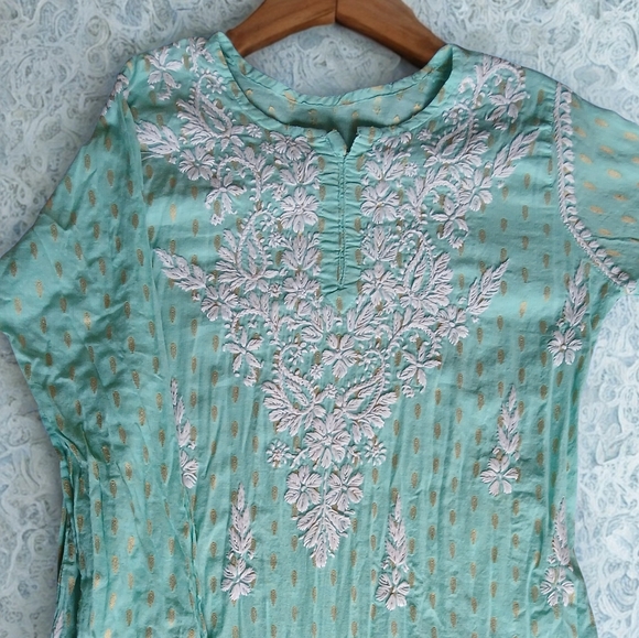 Handmade Tops - Elegant Embroidered Tunic in Teal and Gold